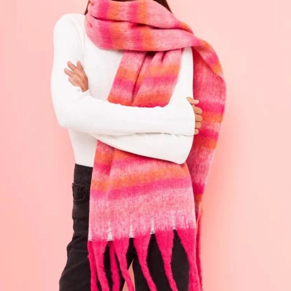 NWT HOT PINK Multi-Color Woven Scarf Soft Striped Polyester Fringe Wrap Cozy